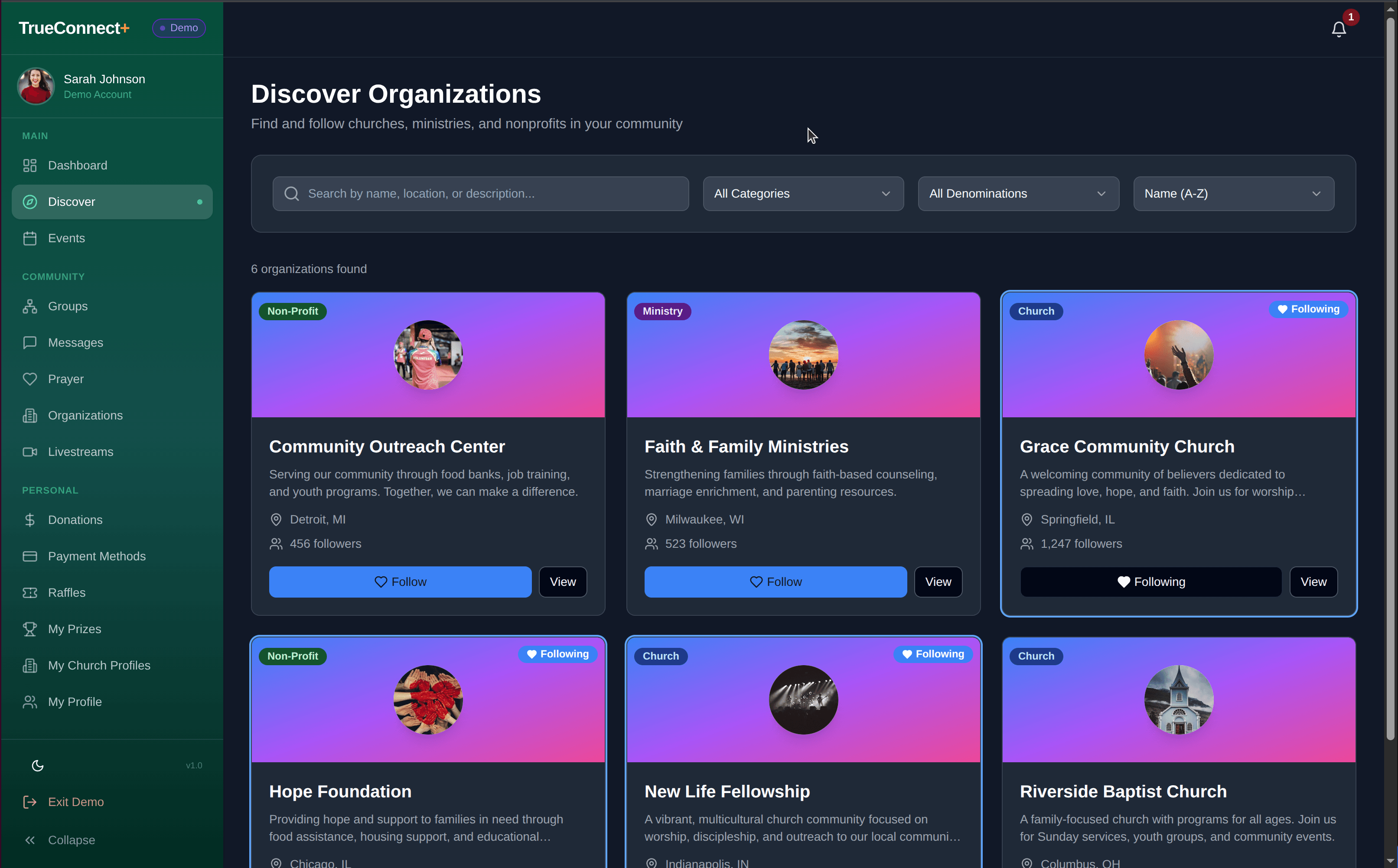 TrueConnect+ Discover screen showing churches a member follows