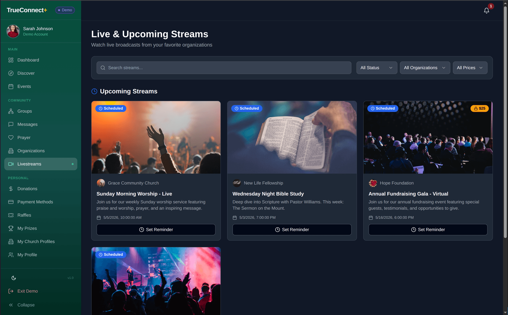 TrueConnect+ livestream player with chat and giving